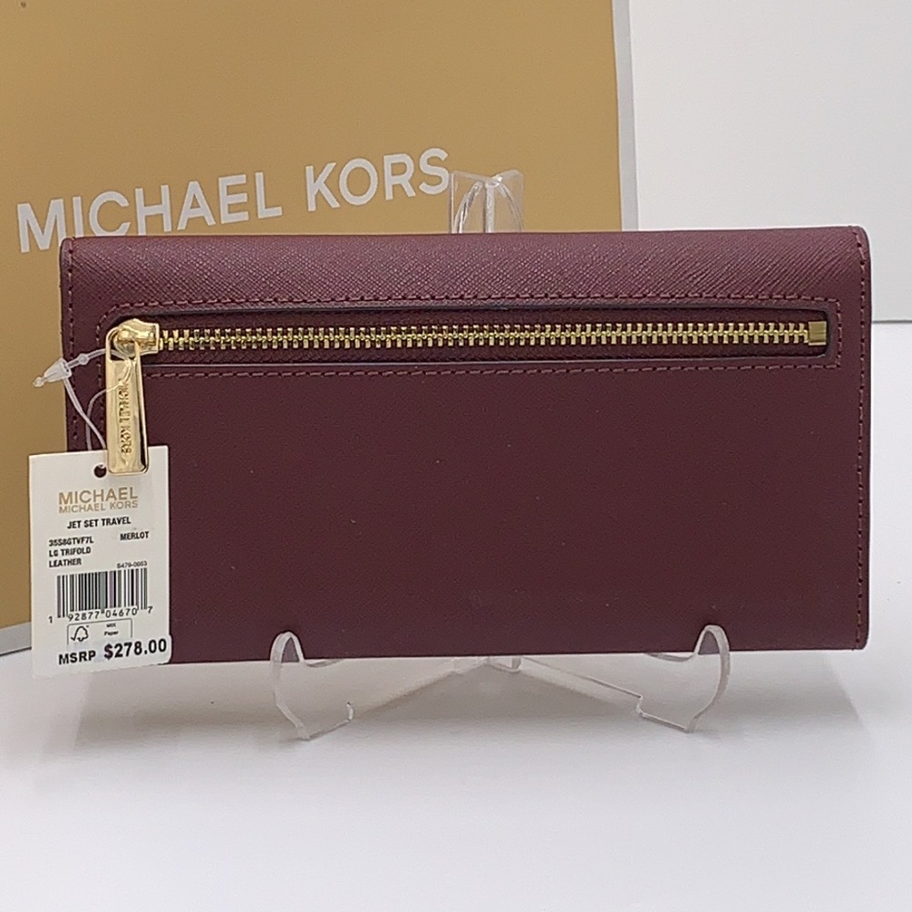MICHAEL KORS JET SET TRAVEL LG TRIFOLD MERLOT - Picture 15 of 16